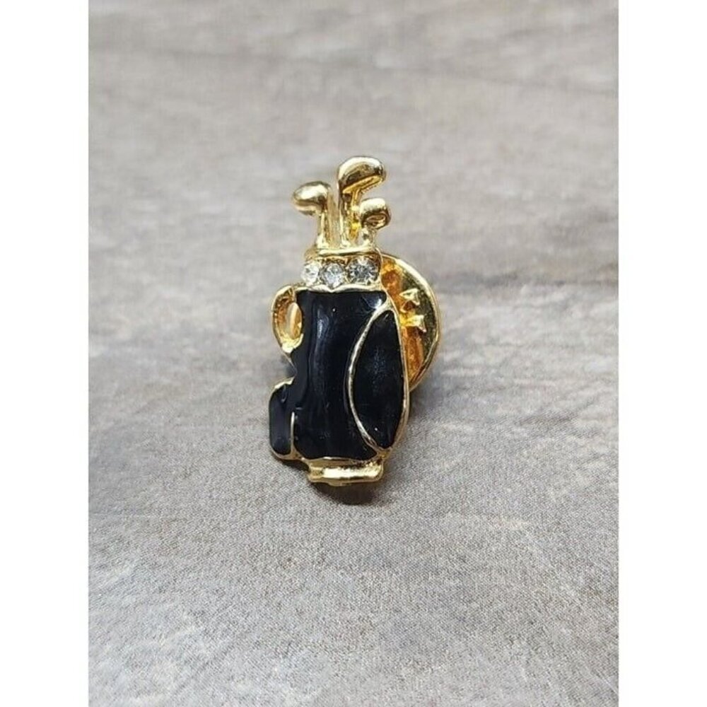 Black Enameled Golf Club Bag W Rhinestones Pinback. Tie Tack Lapel Pin